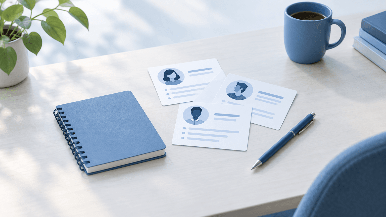 A blue notebook and a few neatly arranged profile cards on a bright desk, suggesting thoughtful outreach planning.