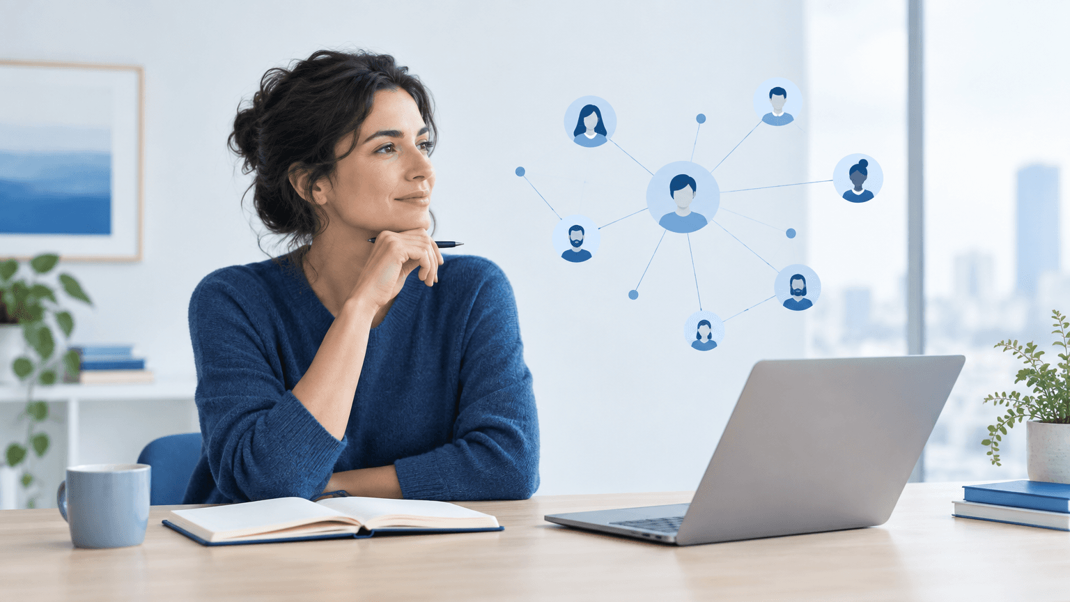 A founder seated at a desk, reviewing a small network map with blue notes and connecting lines.
