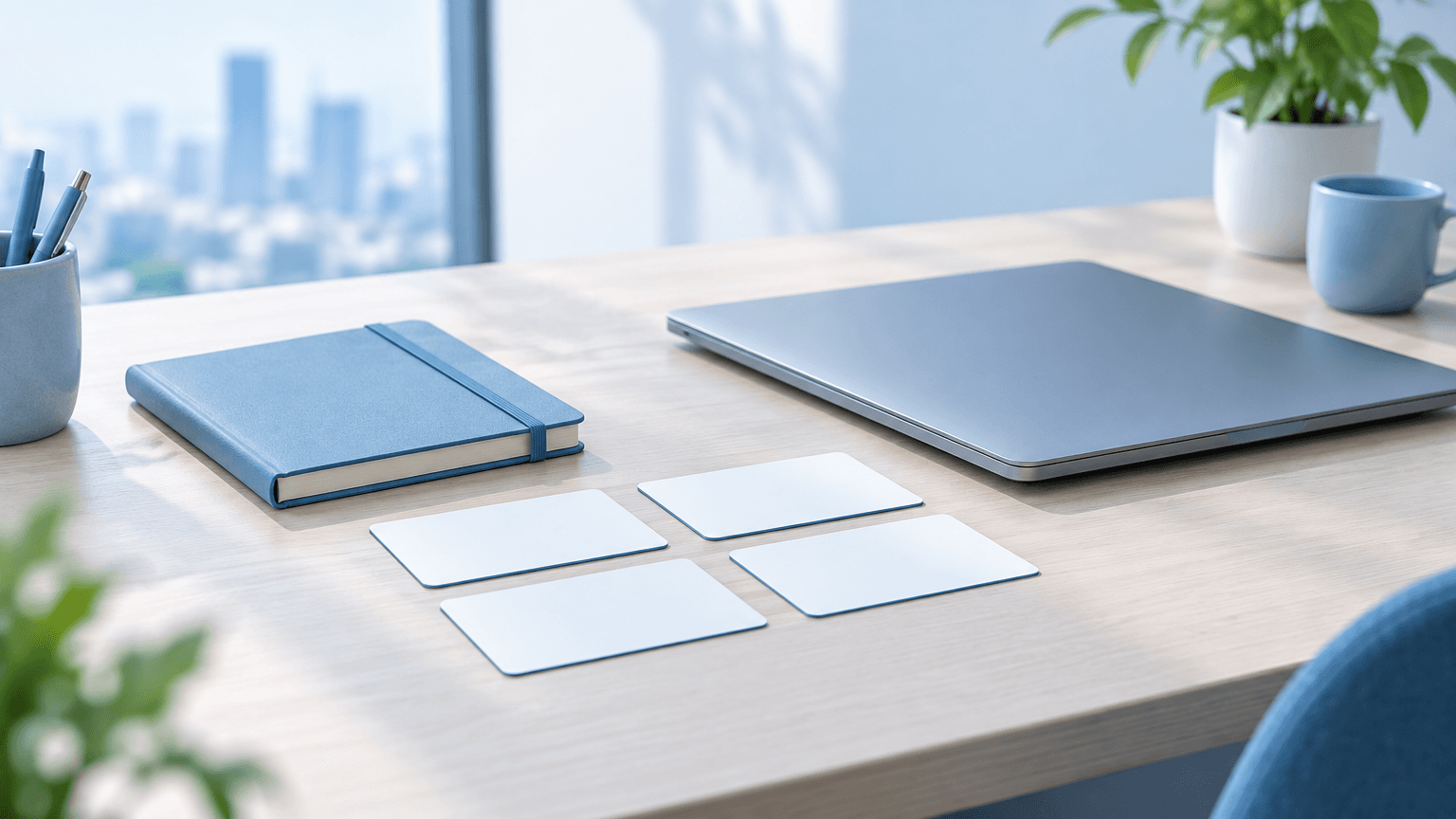 A tidy blue-toned workspace with prospect cards beside a notebook and laptop, in soft daylight with open space.