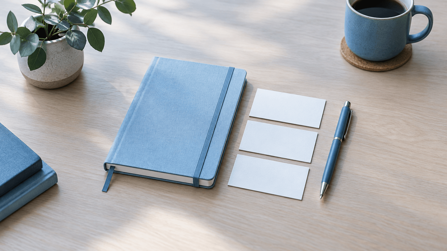 A tidy blue-toned desk with a notebook, carefully arranged contact cards, and ample open space.