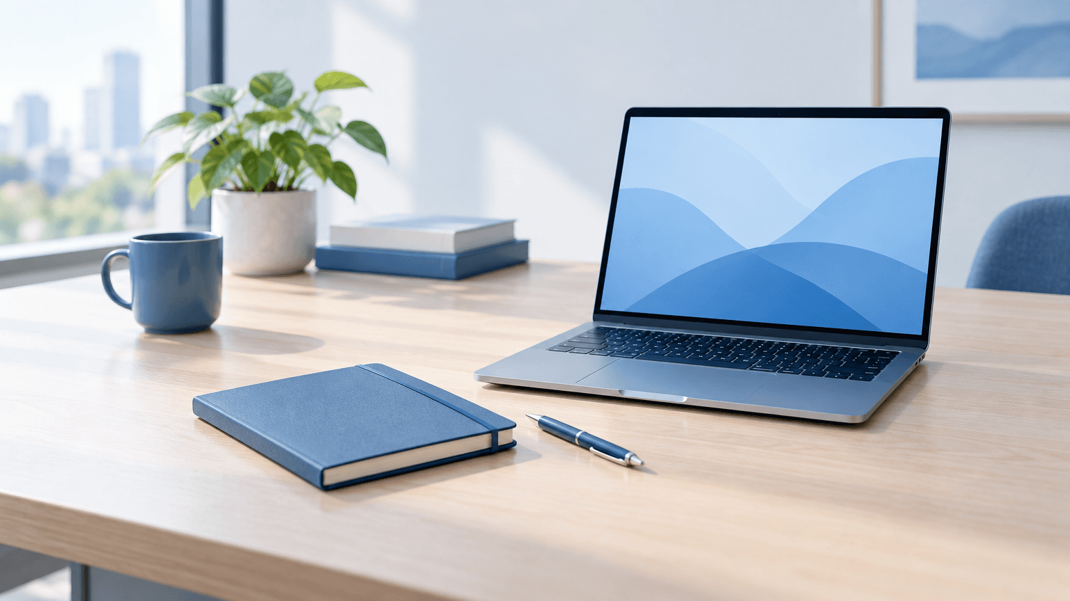 A bright desk with a closed notebook, a pen, and a laptop showing abstract blue shapes.