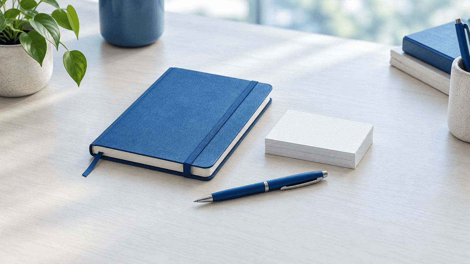 A tidy desk with a blue notebook, a few organized paper cards, and soft daylight, suggesting a thoughtful start to client outreach.