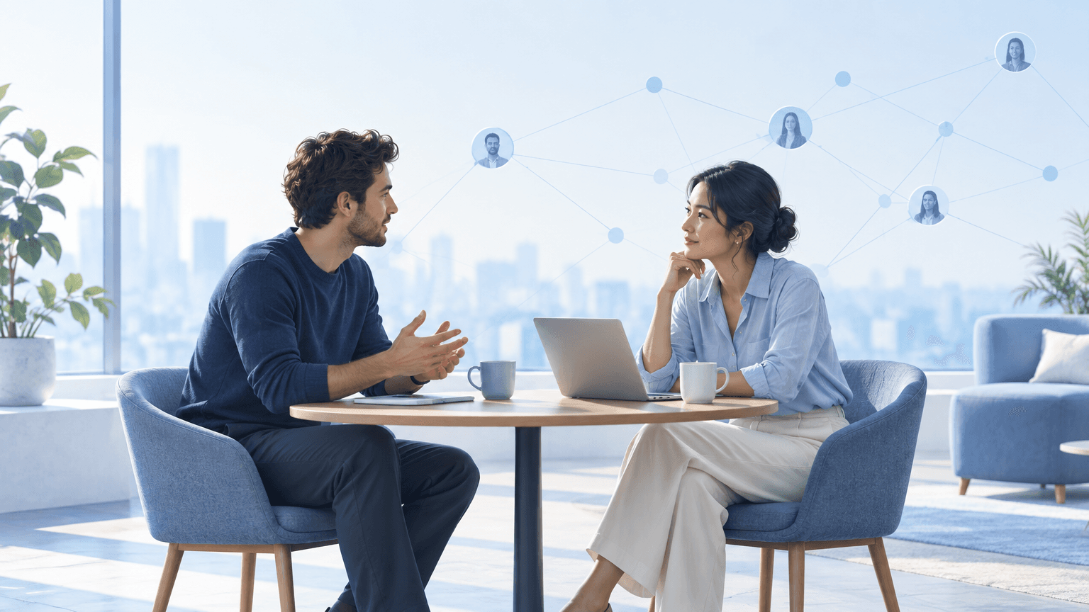 Two entrepreneurs talking across a small table beside a blue network of connected points.