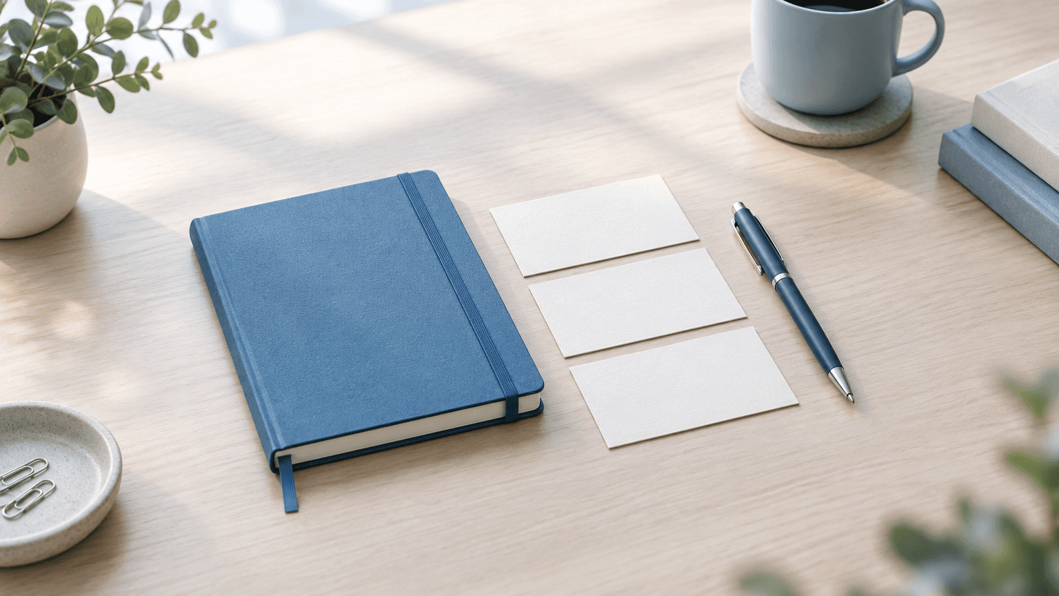 A clean desk with a blue notebook, a few organized prospect cards, and a pen in soft daylight.