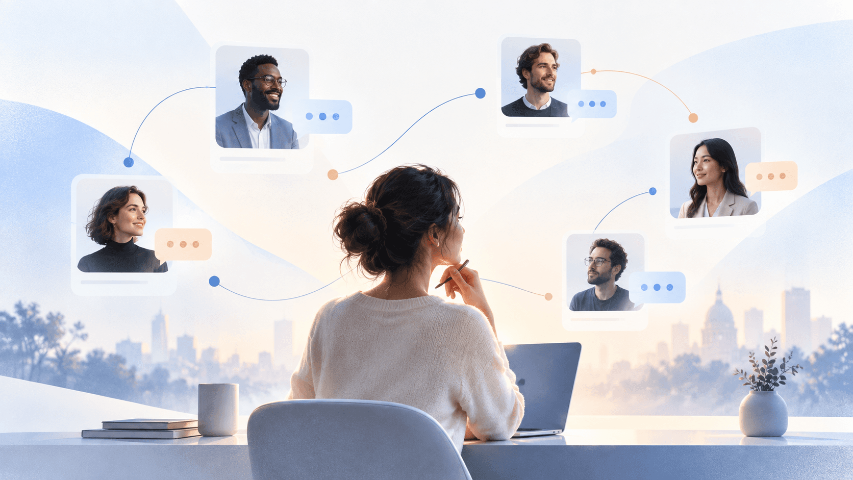 A thoughtful outreach workspace with connected professional profiles and conversation cues.