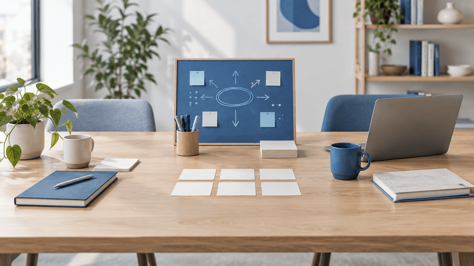 A bright desk with three neatly arranged blue workspaces, a short list of account notes, and a shared planning board.